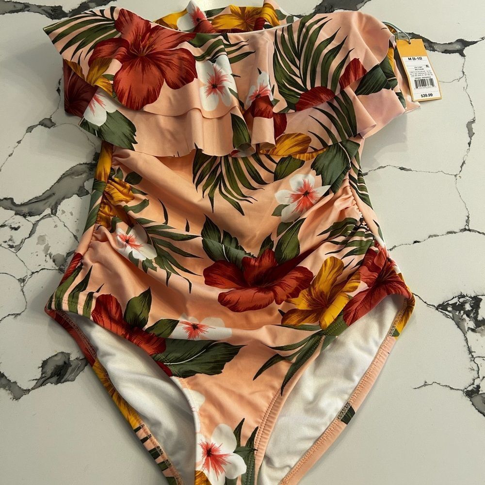 Kona Sol Double Flounce Front High
Coverage One Piece Swimsuit Medium